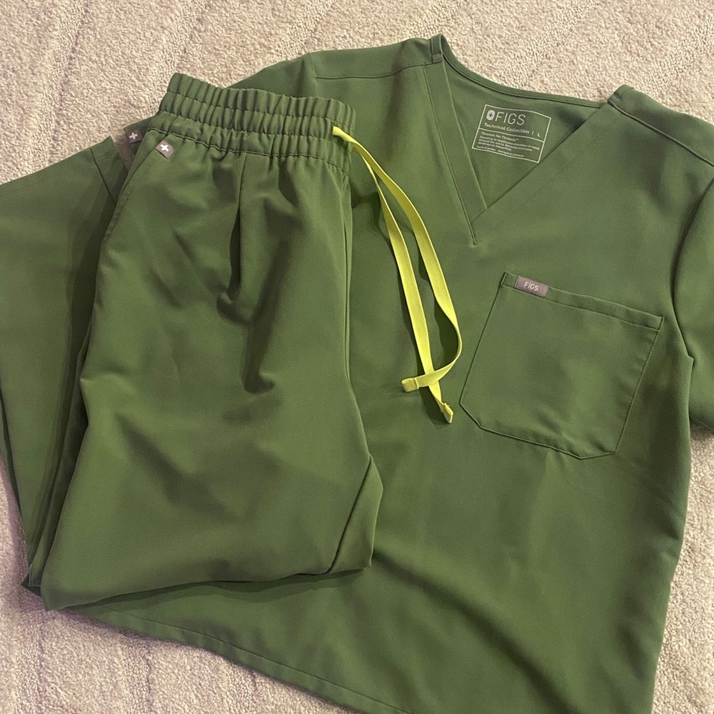 Figs Olive Green Scrub Top & Pants Set with Lime Drawstring